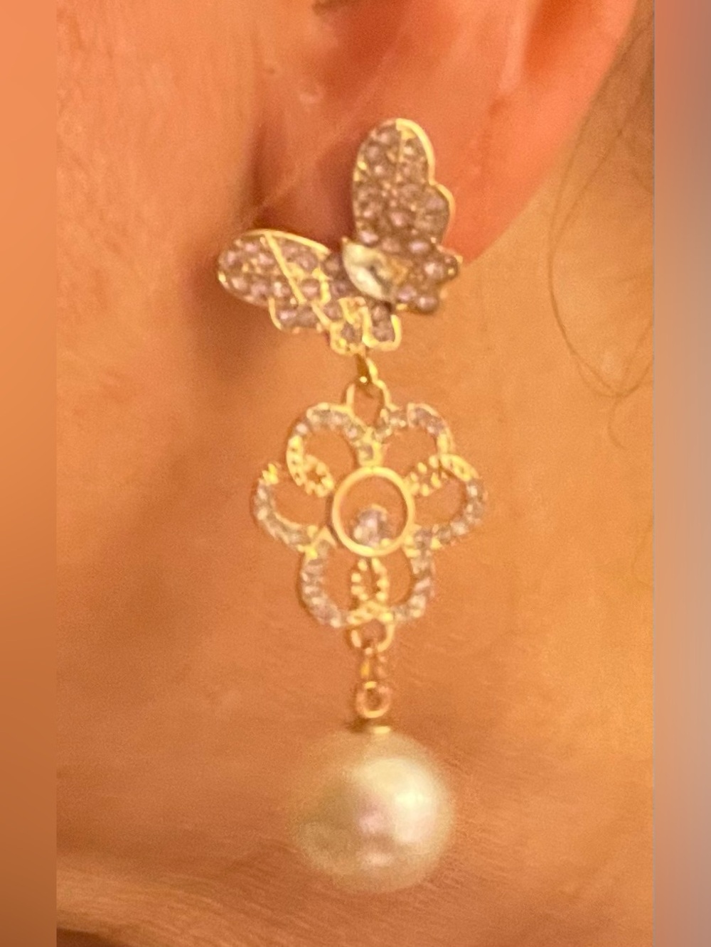 Gold Butterfly Floral Drop Earrings with Pearl